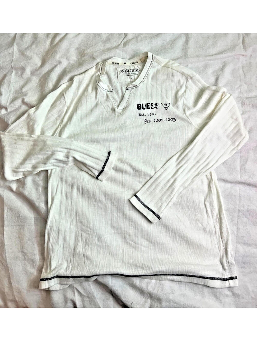 GUESS Unisex Size XL White Long Sleeve Thermal Waffle Knit Pullover Shirt LA VTG